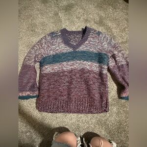 Handmade hand knit cotton blend v neck purple & blue sweater